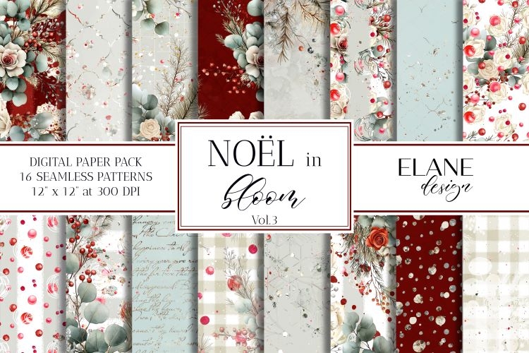 Christmas Floral Digital Paper, Winter Seamless Pattern