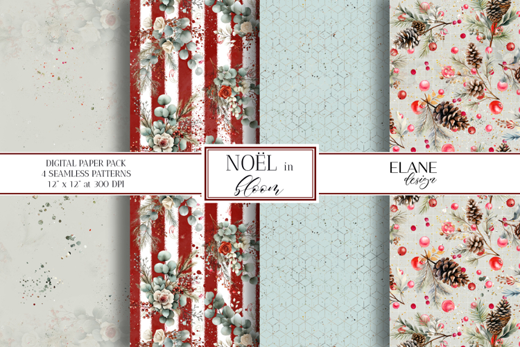 Christmas Digital Paper, Winter Floral Seamless Patterns