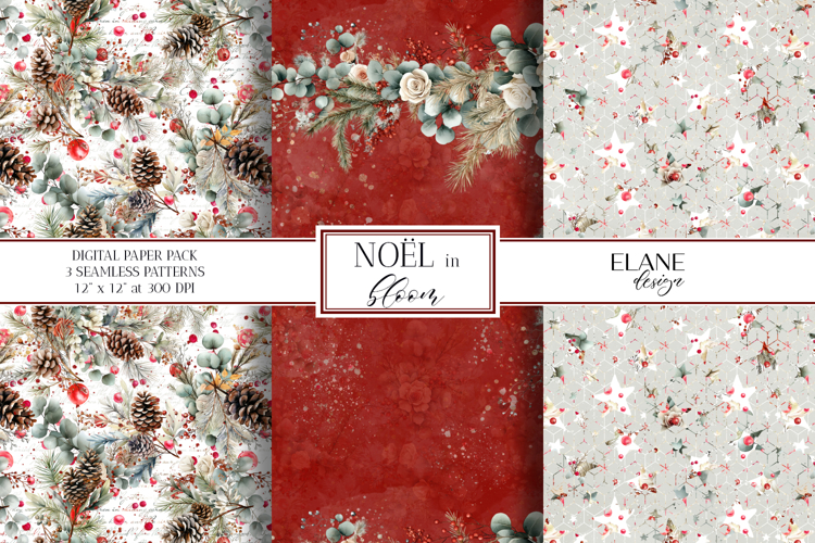 Christmas Digital Paper, Winter Floral Seamless Patterns