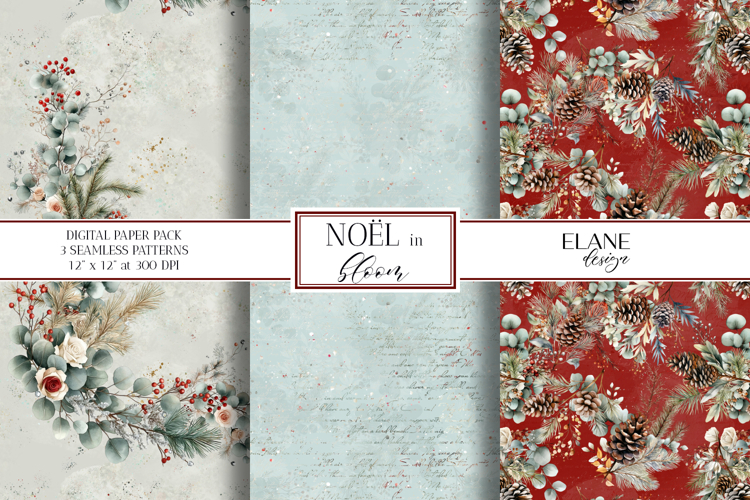 Christmas Digital Paper, Winter Floral Seamless Patterns