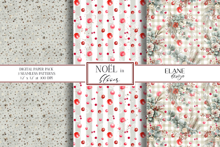 Christmas Digital Paper, Winter Floral Seamless Patterns