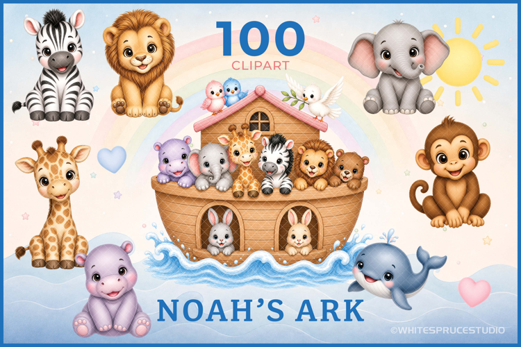 Noah’s Ark Printable Clipart Bundle, Nursery Digital Paper