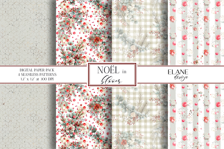Christmas Digital Paper, Winter Floral Seamless Patterns