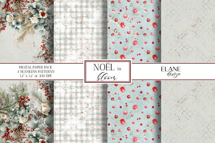 Christmas Digital Paper, Winter Floral Seamless Patterns
