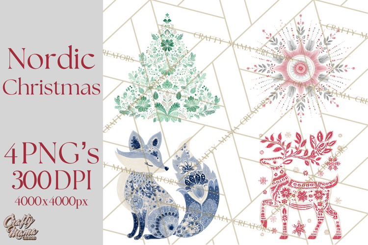 Scandinavian Christmas Clipart PNG, Nordic Pattern Christmas