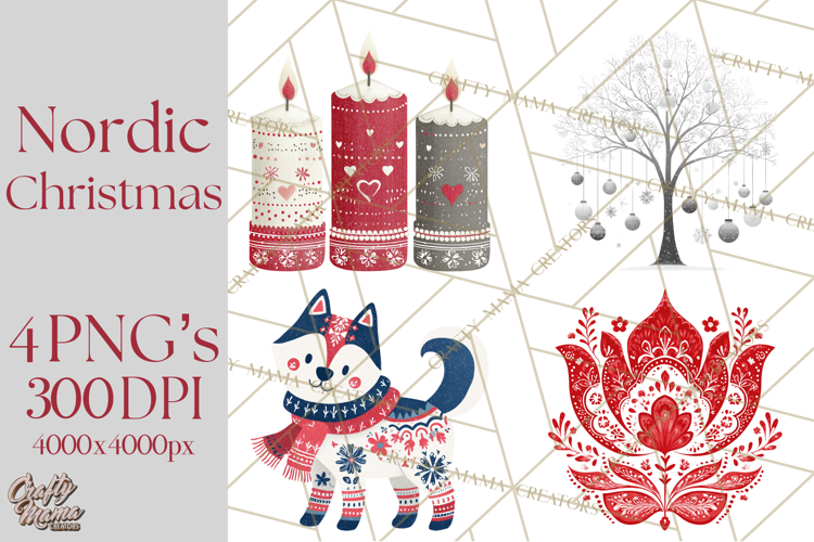 Scandinavian Christmas Clipart PNG, Nordic Pattern Christmas