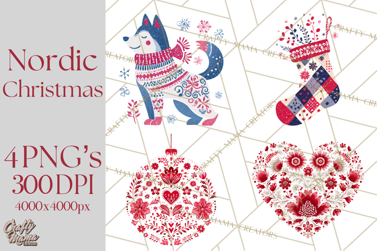 Scandinavian Christmas Clipart PNG, Nordic Pattern Christmas