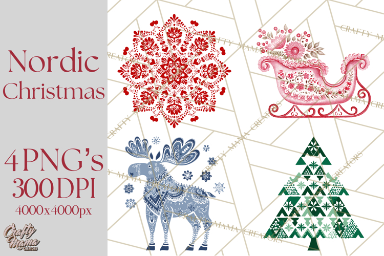 Scandinavian Christmas Clipart PNG, Nordic Pattern Christmas