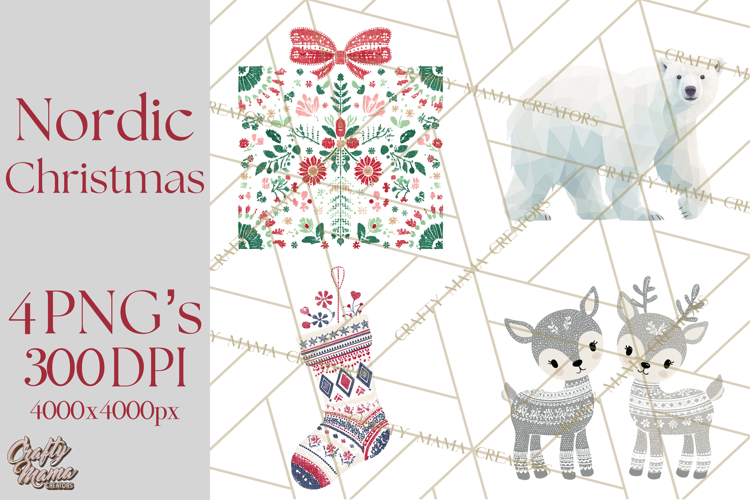 Scandinavian Christmas Clipart PNG, Nordic Pattern Christmas