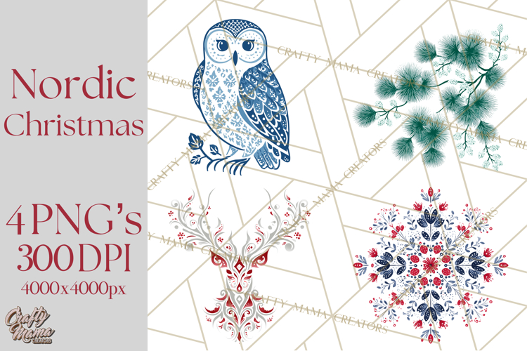 Scandinavian Christmas Clipart PNG, Nordic Pattern Christmas