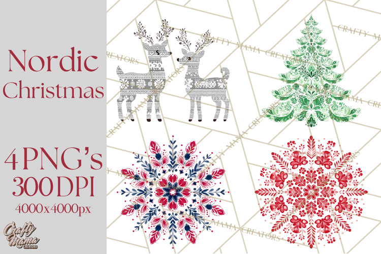 Scandinavian Christmas Clipart PNG, Nordic Pattern Christmas