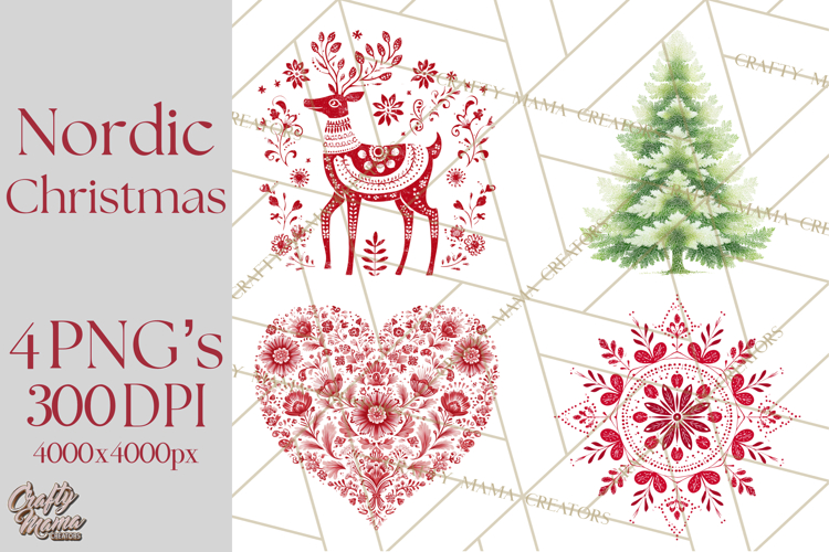 Scandinavian Christmas Clipart PNG, Nordic Pattern Christmas