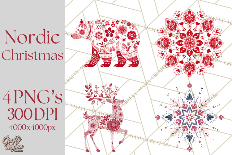 Scandinavian Christmas Clipart PNG, Nordic Pattern Christmas