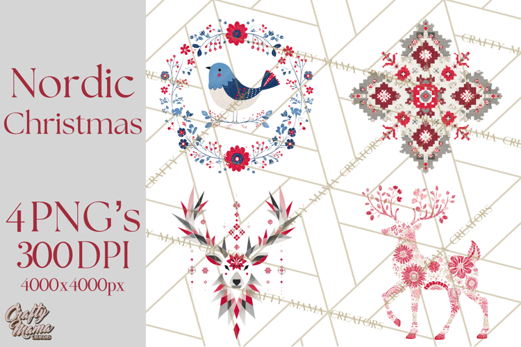 Scandinavian Christmas Clipart PNG, Nordic Pattern Christmas