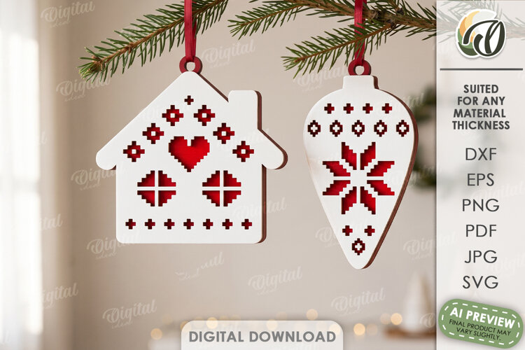 Scandinavian Folk Christmas Tree Ornaments Laser Cut example image 1
