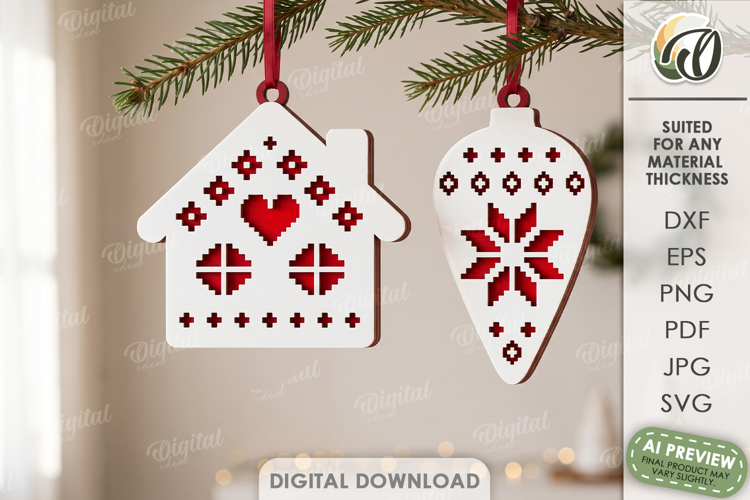 Scandinavian Folk Christmas Tree Ornaments Laser Cut
