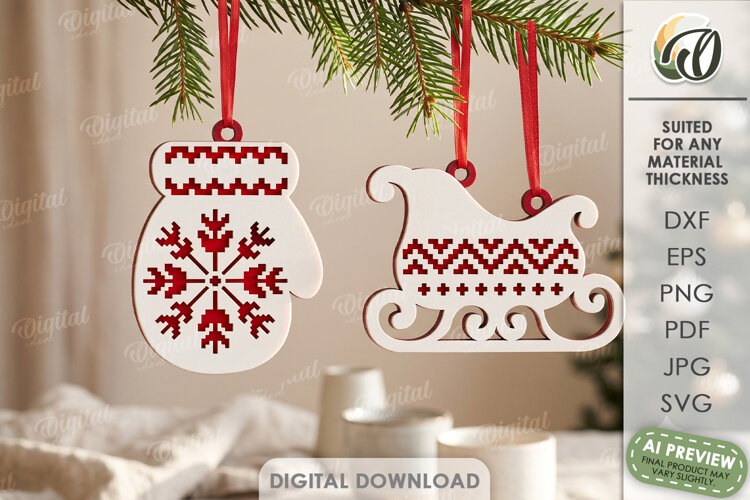 Scandinavian Folk Christmas Tree Ornaments Laser Cut example image 1