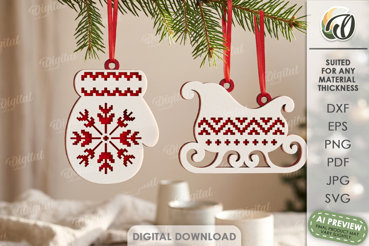 Scandinavian Folk Christmas Tree Ornaments Laser Cut