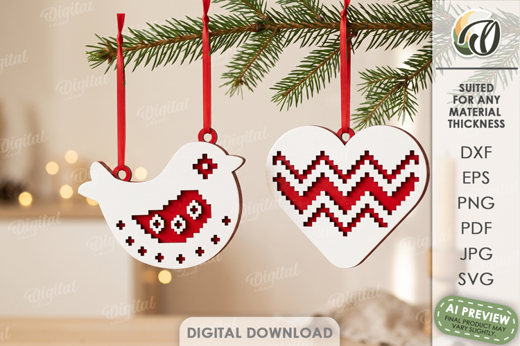 Scandinavian Folk Christmas Tree Ornaments Laser Cut