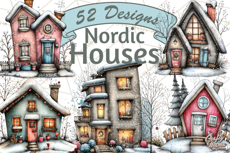 Nordic Winter House Clipart PNG, Scandinavian Cabins