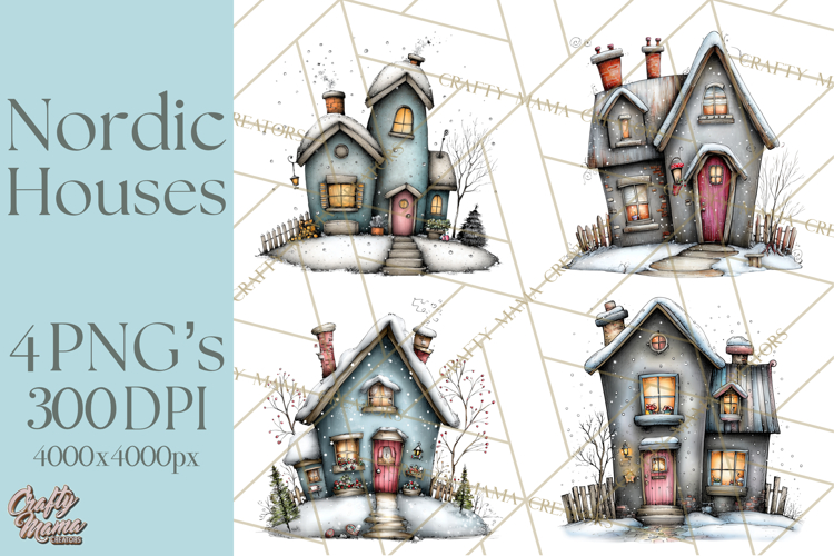Nordic Winter House Clipart PNG, Scandinavian Cabins
