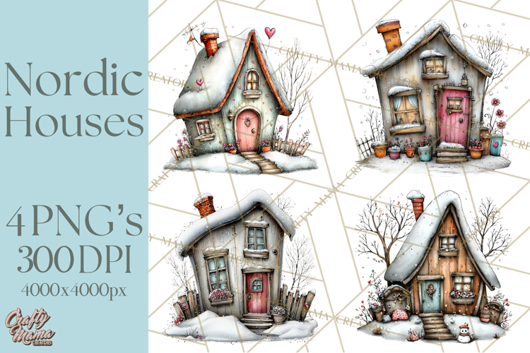 Nordic Winter House Clipart PNG, Scandinavian Cabins