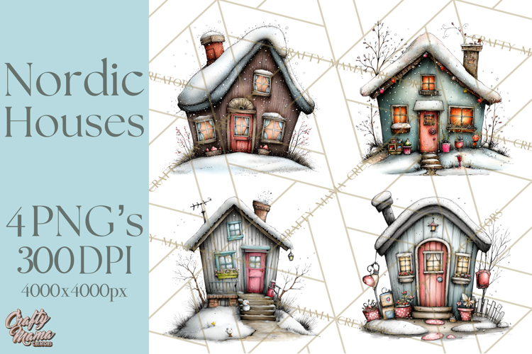 Nordic Winter House Clipart PNG, Scandinavian Cabins