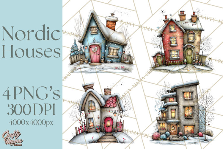 Nordic Winter House Clipart PNG, Scandinavian Cabins