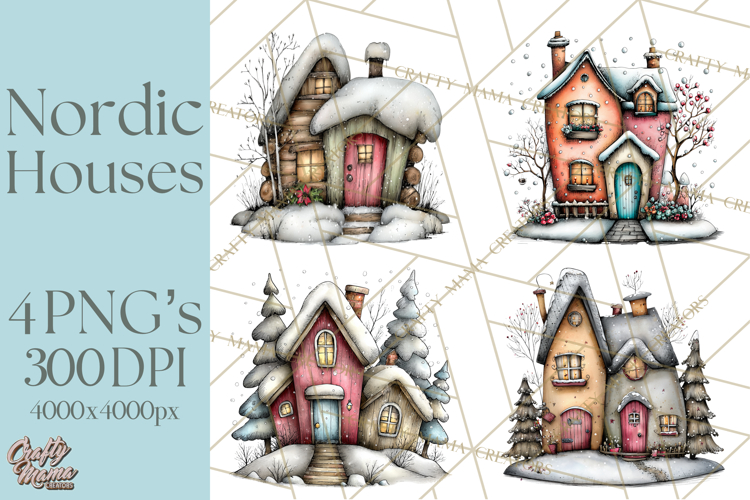 Nordic Winter House Clipart PNG, Scandinavian Cabins