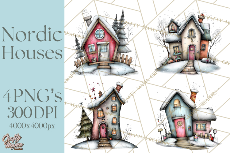 Nordic Winter House Clipart PNG, Scandinavian Cabins