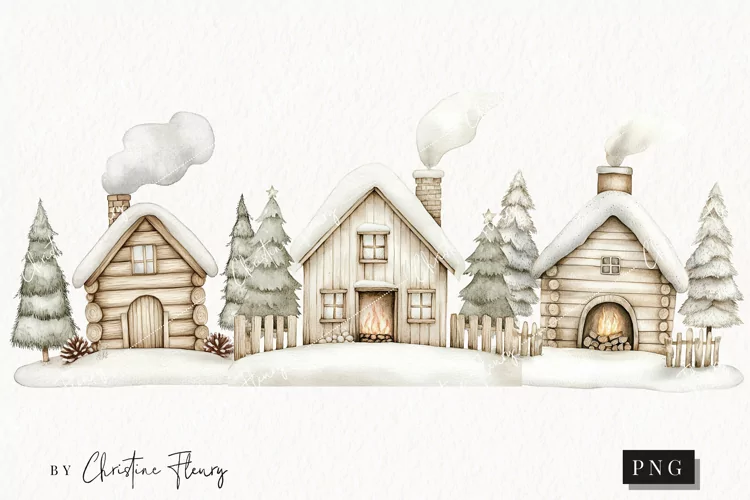 Nordic Winter Cottage | Beige Christmas PNG