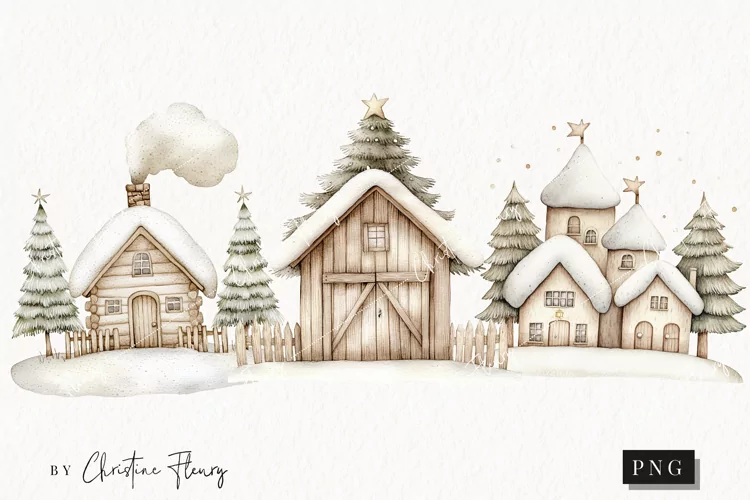 Nordic Winter Cottage | Beige Christmas PNG