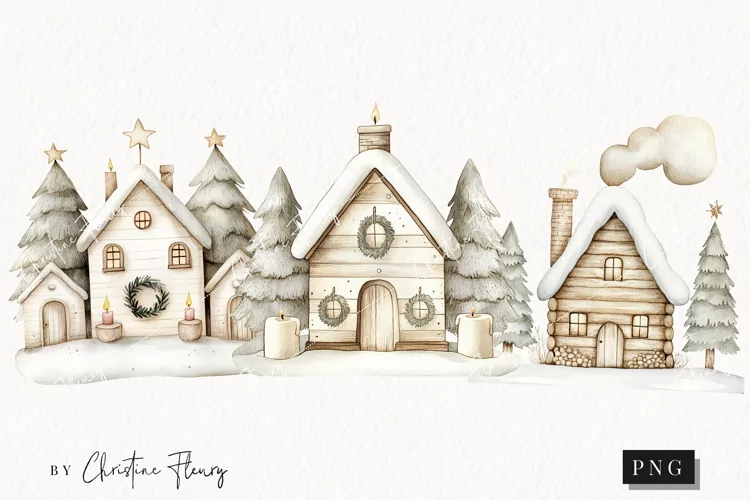 Nordic Winter Cottage | Beige Christmas PNG