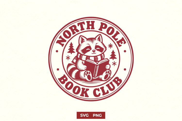 North Pole Book Club SVG - Christmas Raccoon Reading Design example image 1