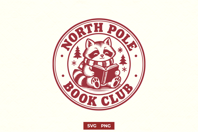 North Pole Book Club SVG - Christmas Raccoon Reading Design