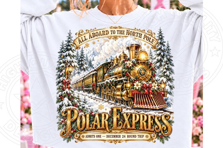 North Pole Christmas Express PNG, Vintage Golden Steam Train example image 1
