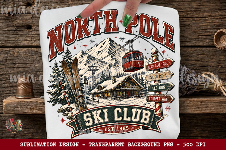 North Pole Ski Club PNG, Christmas Vintage Ski Sublimation