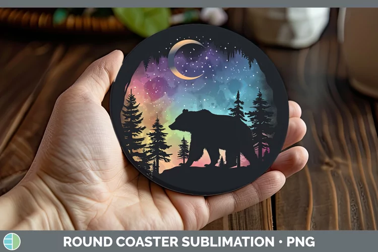Northern Lights Bear Round Coaster Sublimation Coaster Desig