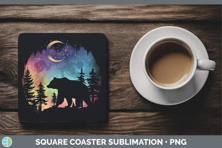 Northern Lights Bear Square Coaster Sublimation Coaster Desi