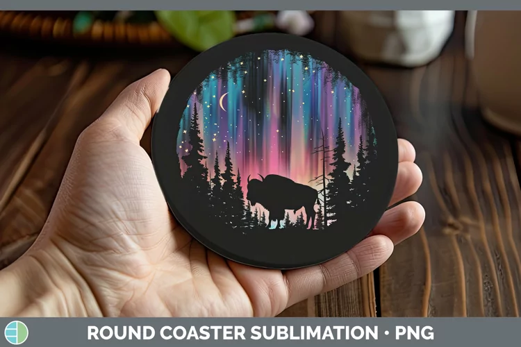 Northern Lights Bison Round Coaster Sublimation Coaster Desi