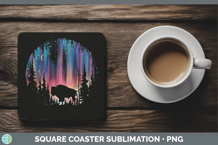 Northern Lights Bison Square Coaster Sublimation Coaster Des