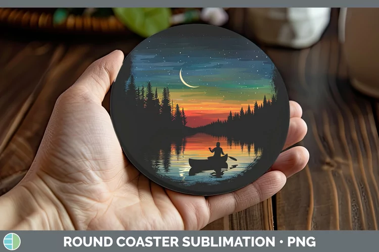 Northern Lights Canoe Round Coaster Sublimation Coaster Desi