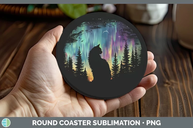 Northern Lights Cat Round Coaster Sublimation Coaster Design
