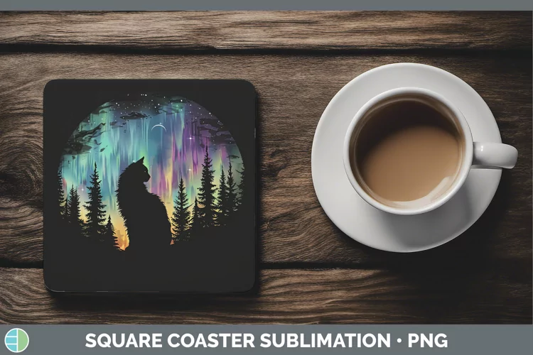 Northern Lights Cat Square Coaster Sublimation Coaster Desig