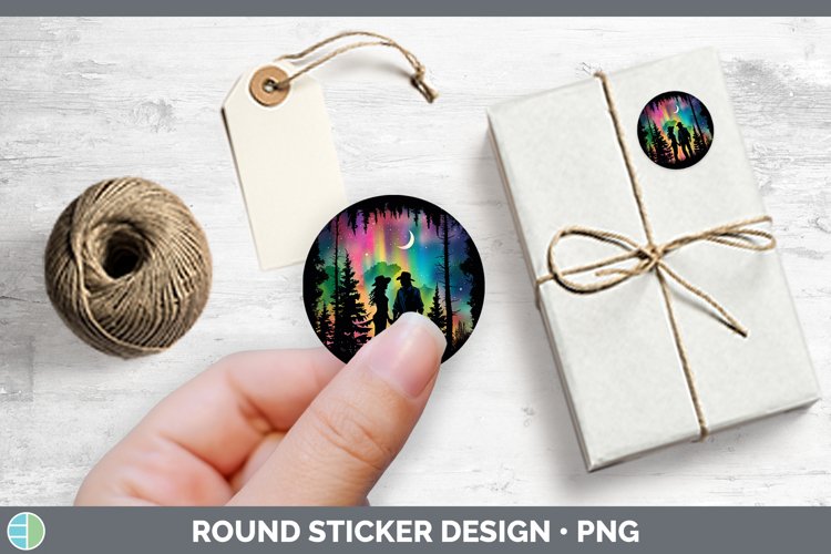 Northern Lights Cowboy Couple Stickers | Round Labels Design