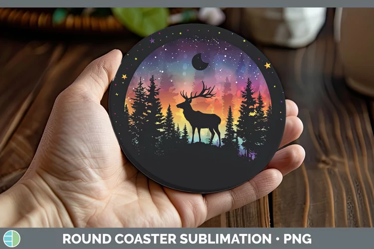 Northern Lights Deer Round Coaster Sublimation Coaster Desig