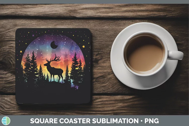Northern Lights Deer Square Coaster Sublimation Coaster Desi