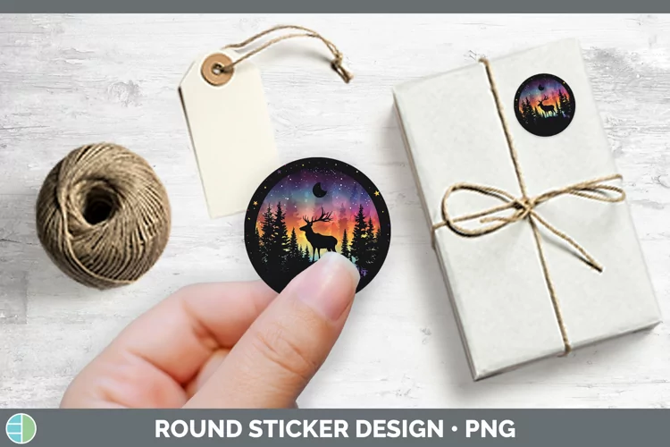 Northern Lights Deer Stickers | Round Labels Designs