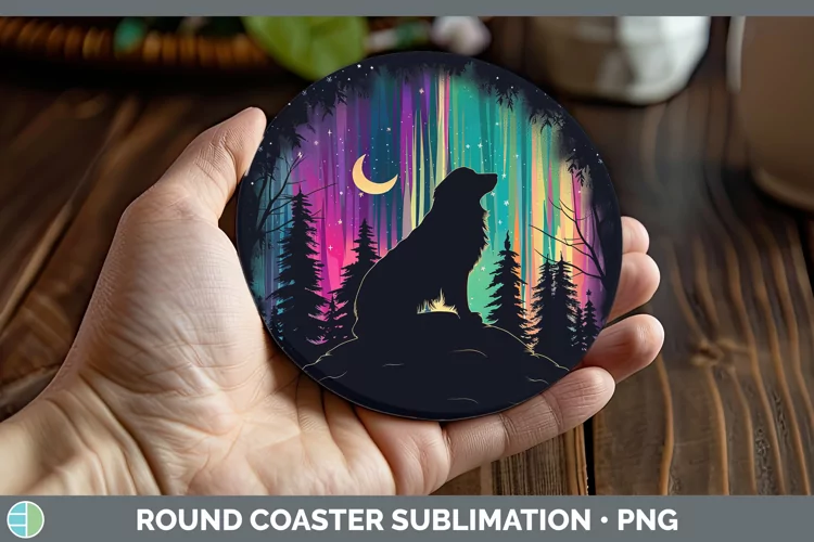 Northern Lights Dog Round Coaster Sublimation Coaster Design
