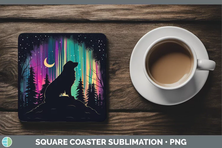 Northern Lights Dog Square Coaster Sublimation Coaster Desig